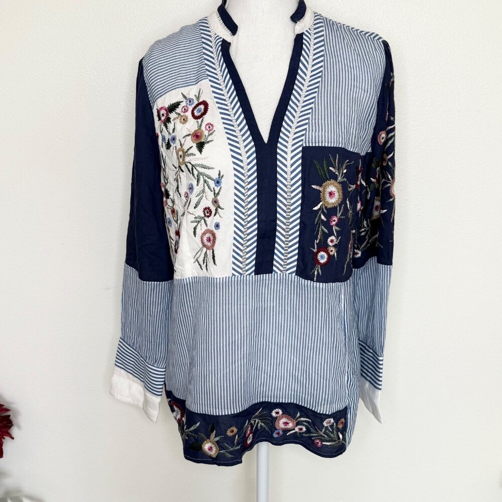 Chico’s Patchwork Embroidered Long Sleeve Blouse Sz M Boho Casual Cottage